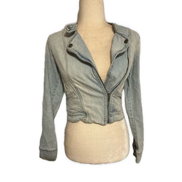 Rubbish Jackets & Blazers - rubbish Denim jean jacket Fitted light blue Crop moto Biker Xs